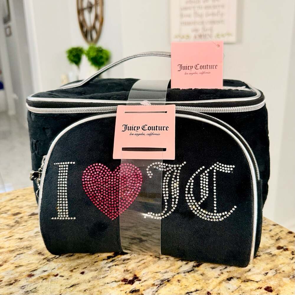 Juicy Couture Black Velour I Love JC Rhinestone Cosmetic Train Case Set - Picture 2 of 9